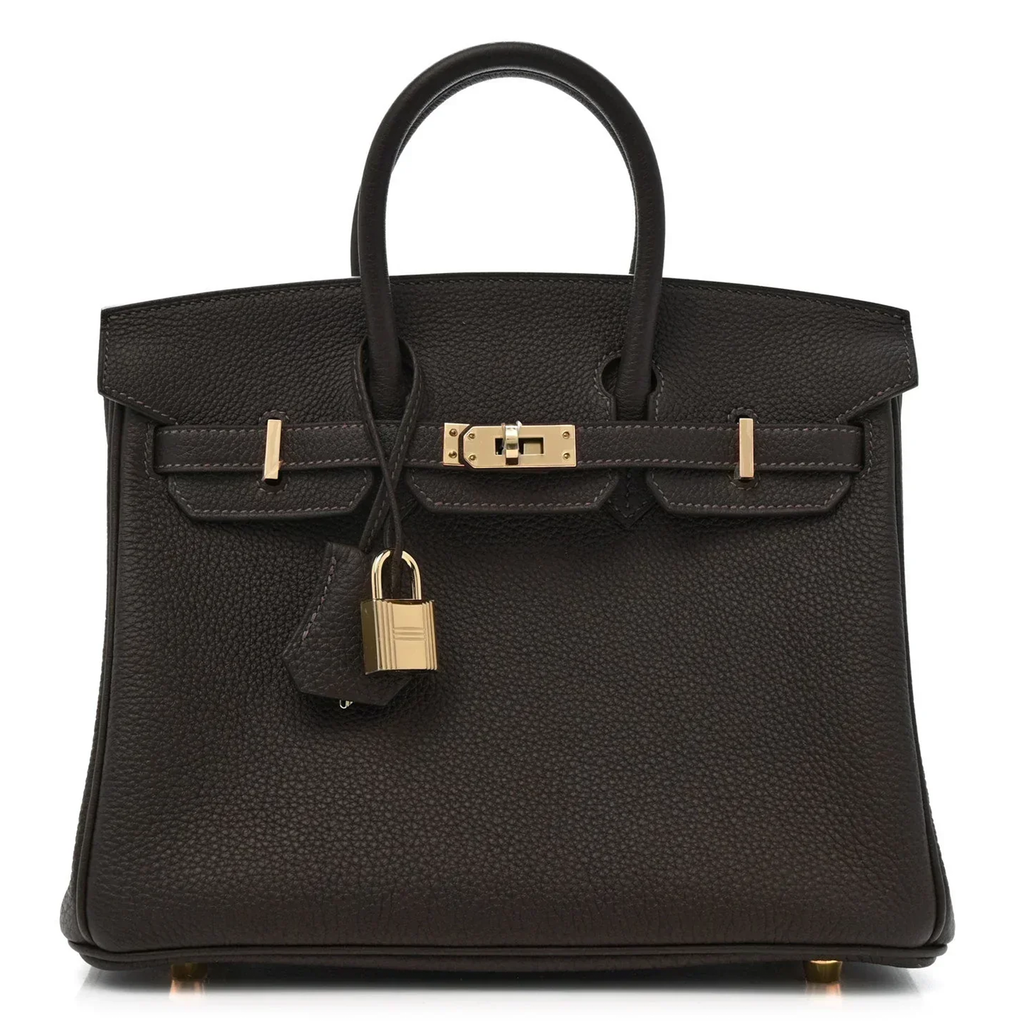 Rich Dark Mocha Brown Pebble Grain Compact Structured Trapezoid Tote With Radiant Warm Golden Twist Lock Hardware And Decorative Suspended Metal Padlock Charm