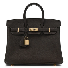 Load image into Gallery viewer, Rich Dark Mocha Brown Pebble Grain Compact Structured Trapezoid Tote With Radiant Warm Golden Twist Lock Hardware And Decorative Suspended Metal Padlock Charm