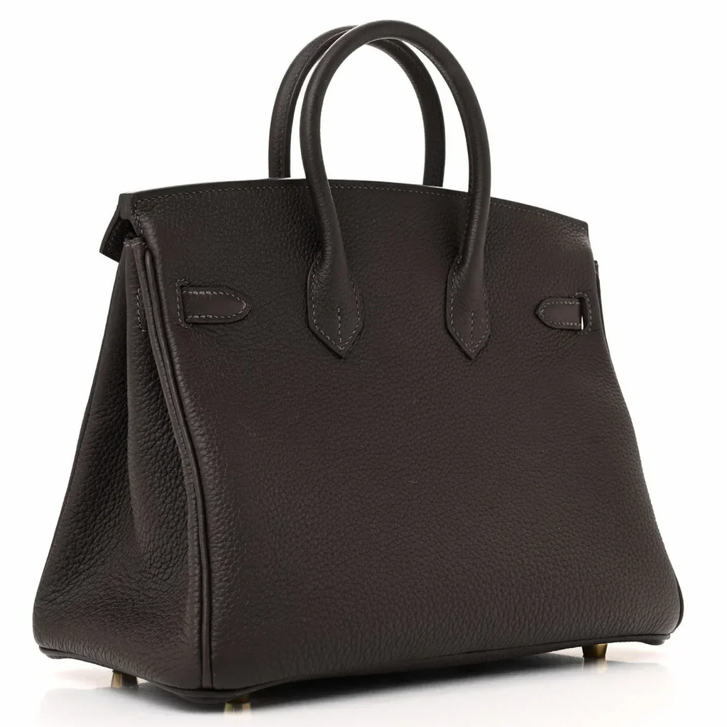 Rich Dark Mocha Brown Pebble Grain Compact Structured Trapezoid Tote With Radiant Warm Golden Twist Lock Hardware And Decorative Suspended Metal Padlock Charm