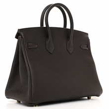 Load image into Gallery viewer, Rich Dark Mocha Brown Pebble Grain Compact Structured Trapezoid Tote With Radiant Warm Golden Twist Lock Hardware And Decorative Suspended Metal Padlock Charm
