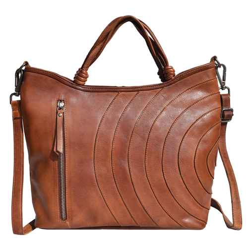 Warm Vintage Amber Spacious Relaxed Shopper Tote Bag With Curved Concentric Stitching And Knotted Decorative Handle Accents