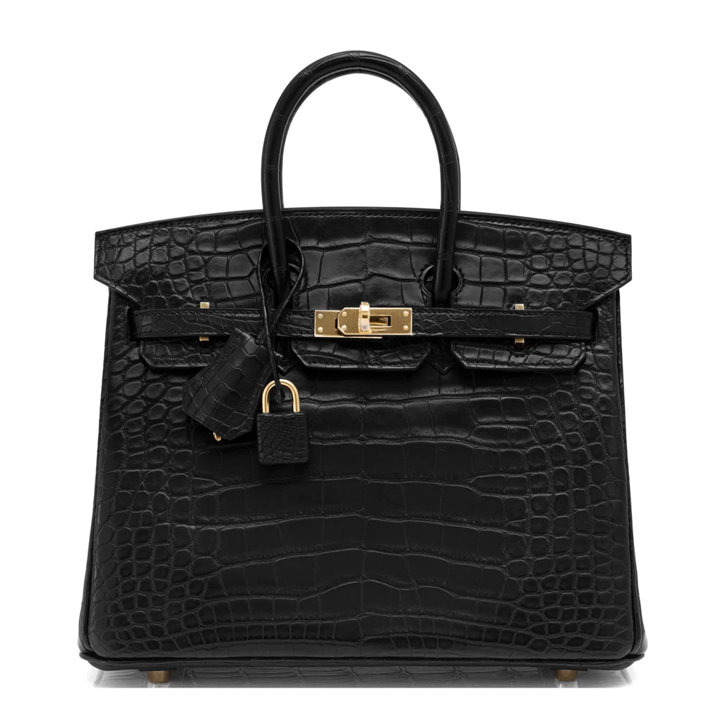 Deep Matte Black Block Scaled Compact Structured Trapezoid Tote With Crocodile Grain Luminous Warm Golden Twist Lock Hardware And Hanging Textured Metal Padlock Charm