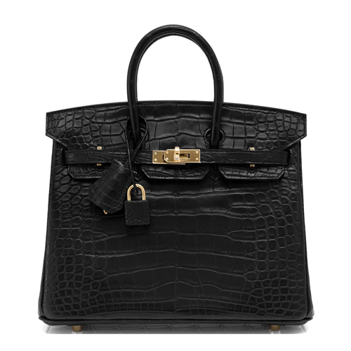 Deep Matte Black Block Scaled Compact Structured Trapezoid Tote With Crocodile Grain Luminous Warm Golden Twist Lock Hardware And Hanging Textured Metal Padlock Charm