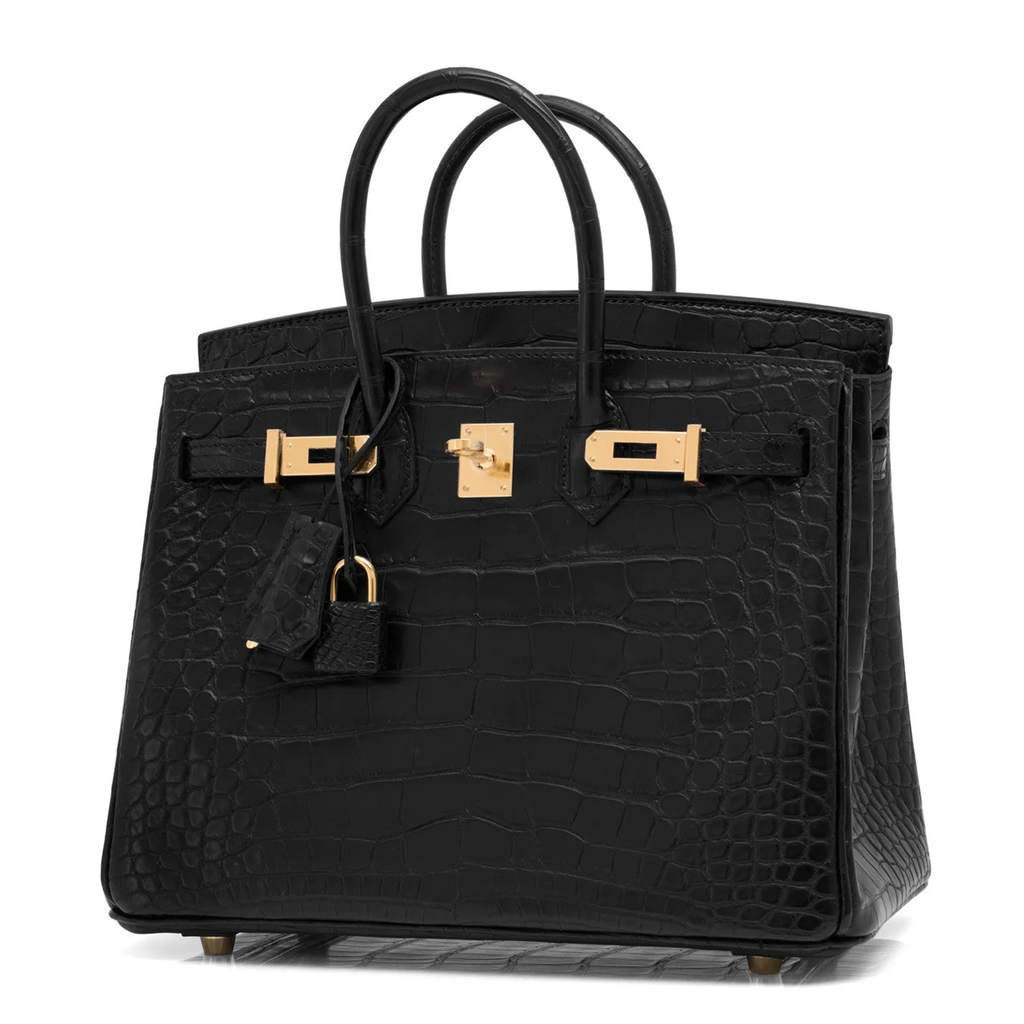 Deep Matte Black Block Scaled Compact Structured Trapezoid Tote With Crocodile Grain Luminous Warm Golden Twist Lock Hardware And Hanging Textured Metal Padlock Charm