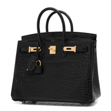 Load image into Gallery viewer, Deep Matte Black Block Scaled Compact Structured Trapezoid Tote With Crocodile Grain Luminous Warm Golden Twist Lock Hardware And Hanging Textured Metal Padlock Charm