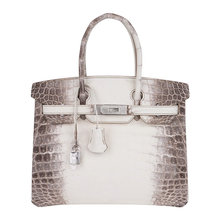 Load image into Gallery viewer, Creamy Ivory Ash Grey Gradient Scaled Medium Structured Trapezoid Tote With Stone Set Silvery Twist Lock Hardware And Jewelled Hanging Padlock Charm Crocodile Grain