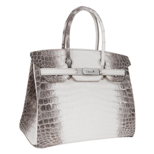 Load image into Gallery viewer, Creamy Ivory Ash Grey Gradient Scaled Medium Structured Trapezoid Tote With Stone Set Silvery Twist Lock Hardware And Jewelled Hanging Padlock Charm Crocodile Grain