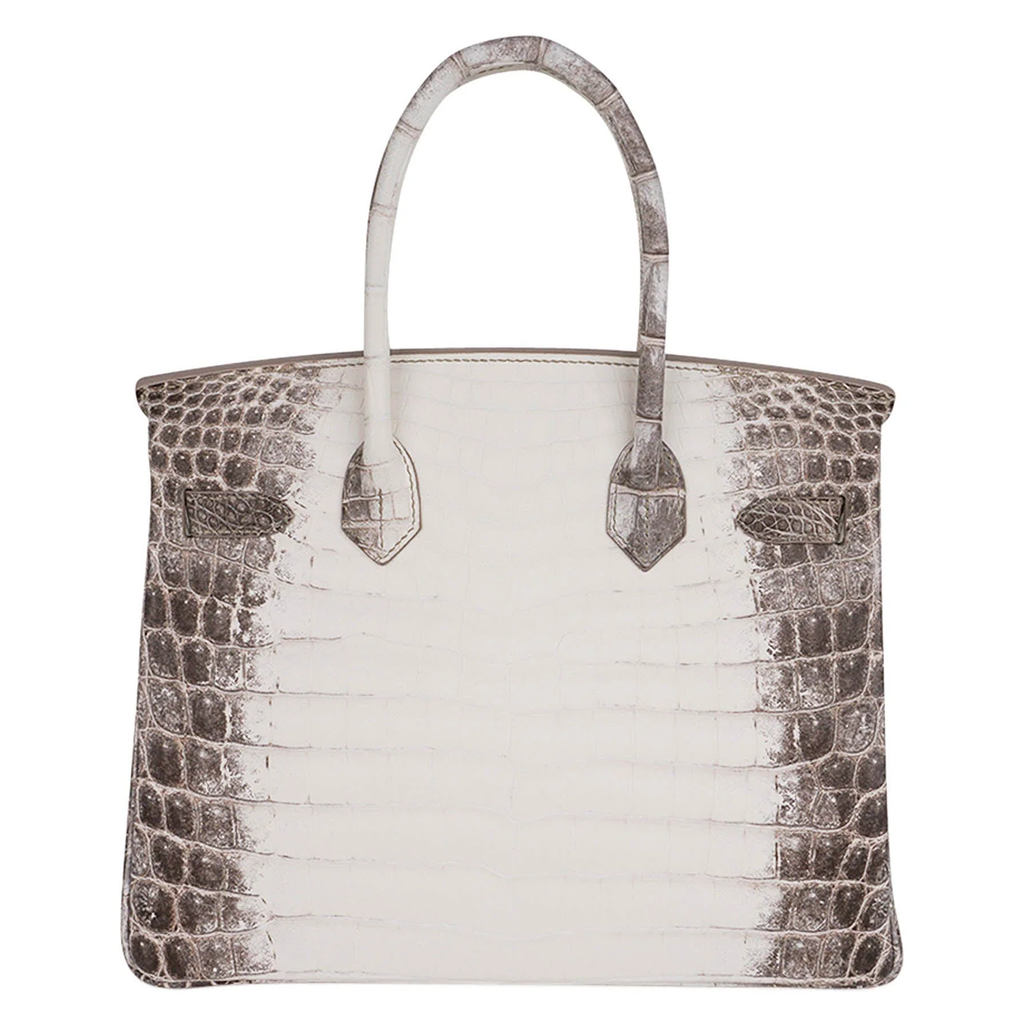 Creamy Ivory Ash Grey Gradient Scaled Medium Structured Trapezoid Tote With Stone Set Silvery Twist Lock Hardware And Jewelled Hanging Padlock Charm Crocodile Grain