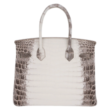 Load image into Gallery viewer, Creamy Ivory Ash Grey Gradient Scaled Medium Structured Trapezoid Tote With Stone Set Silvery Twist Lock Hardware And Jewelled Hanging Padlock Charm Crocodile Grain