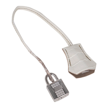 Load image into Gallery viewer, Creamy Ivory Ash Grey Gradient Scaled Medium Structured Trapezoid Tote With Stone Set Silvery Twist Lock Hardware And Jewelled Hanging Padlock Charm Crocodile Grain