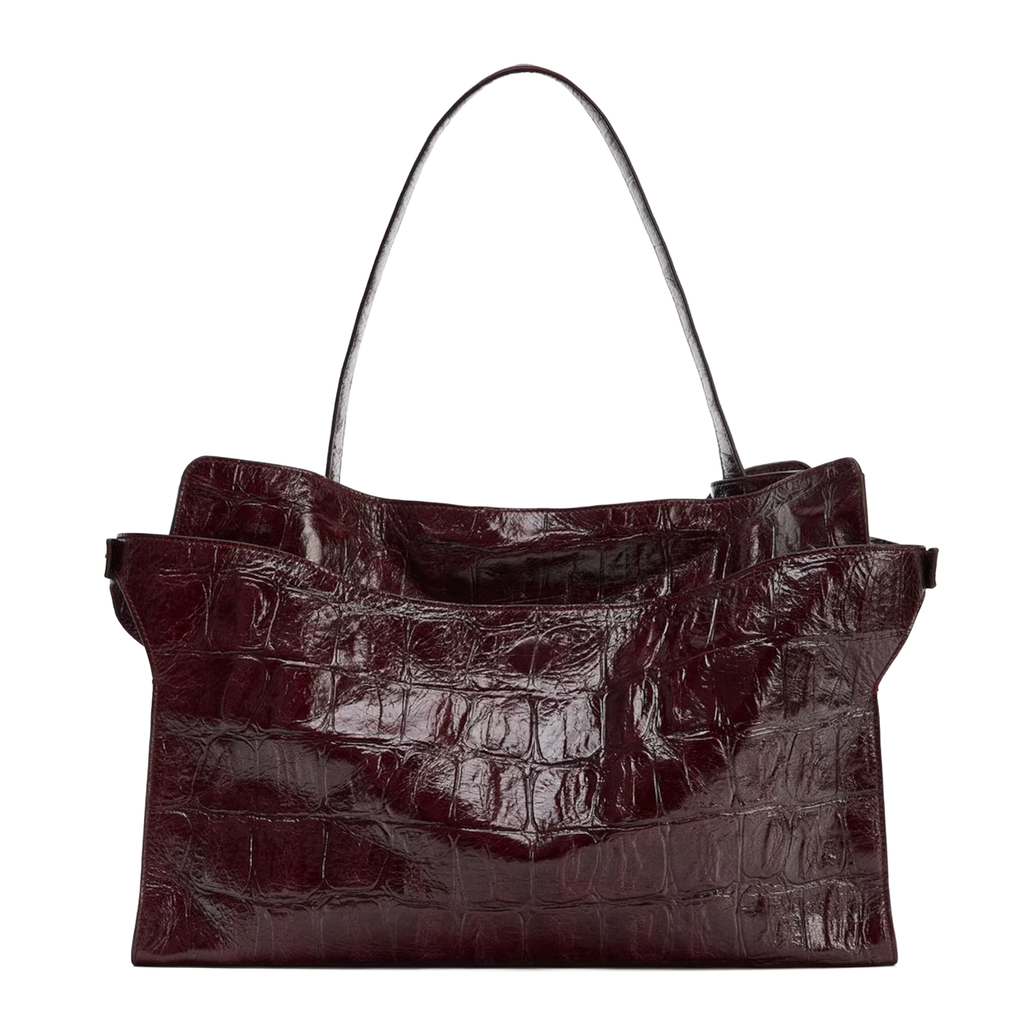Rich Glossy Burgundy Embossed Scaled Roomy Open Top Shoulder Tote With Crocodile Grain Slender Matching Carry Straps