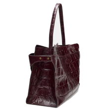 Load image into Gallery viewer, Rich Glossy Burgundy Embossed Scaled Roomy Open Top Shoulder Tote With Crocodile Grain Slender Matching Carry Straps